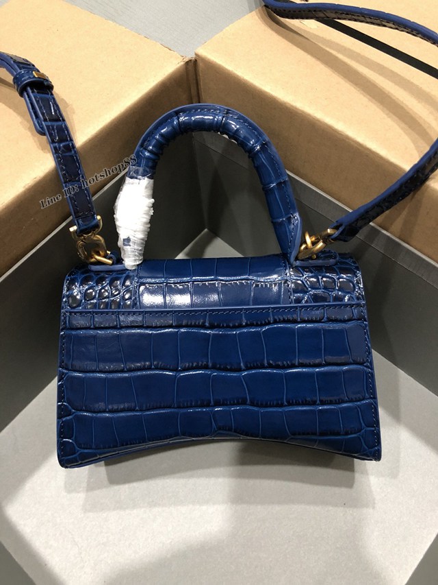 Balenciaga專櫃爆款小號手提女包 巴黎世家鱷魚寶藍色金扣Hourglass沙漏包 fyj1651